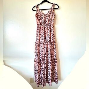 NWT XS Melloday Maxi Dress Leopard Print Pink Black Scallop Neckline Ruched Back